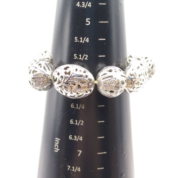 Vintage Filigree Beaded Bracelet, Silver Tone Bangle on Stretch Band - Picture 3 of 3